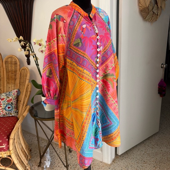 FARM RIO Colorful Scarf Print Swing Shirt Dress! NWOT! 3/4 Sleeve! COTTON. Large - Picture 3 of 14
